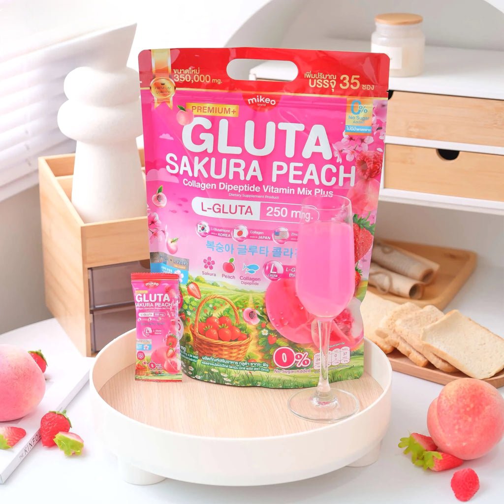 Mikeo Gluta Sakura Peach Collagen Dipeptide Vitamin Mix Plus - 35 Sachets × 10g (3 Pcs Combo) – Image 2